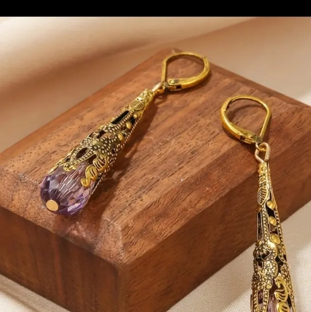 Gold Plated Blue/Purple Elongated Turkish Earrings